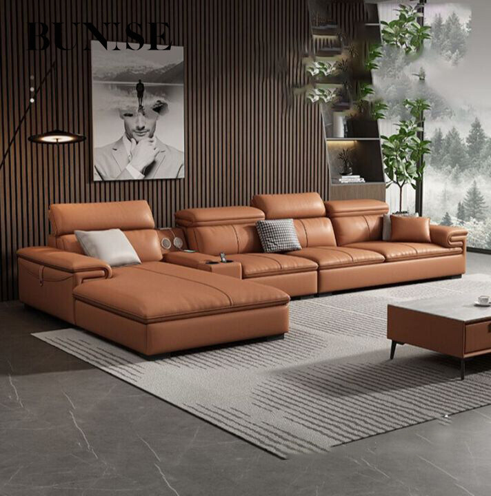 Genuine Leather L shaped sofa adjustable headrest for living room ราคา 49,986 บาท*ส่งฟรี