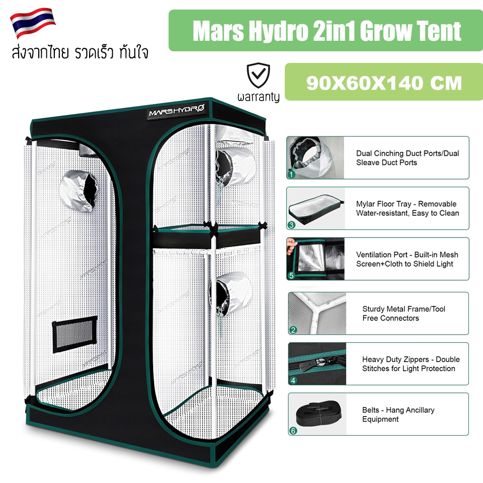 [ส่งฟรี💥] Mars Hydro 2 in 1 GROW TENT มี 3 ขนาด 90x60x140/120x90x180/150x120x200cm Diamond Mylar เต้นท์ปลูกต้นไม้ ราคา 4,200 บาท*ส่งฟรี