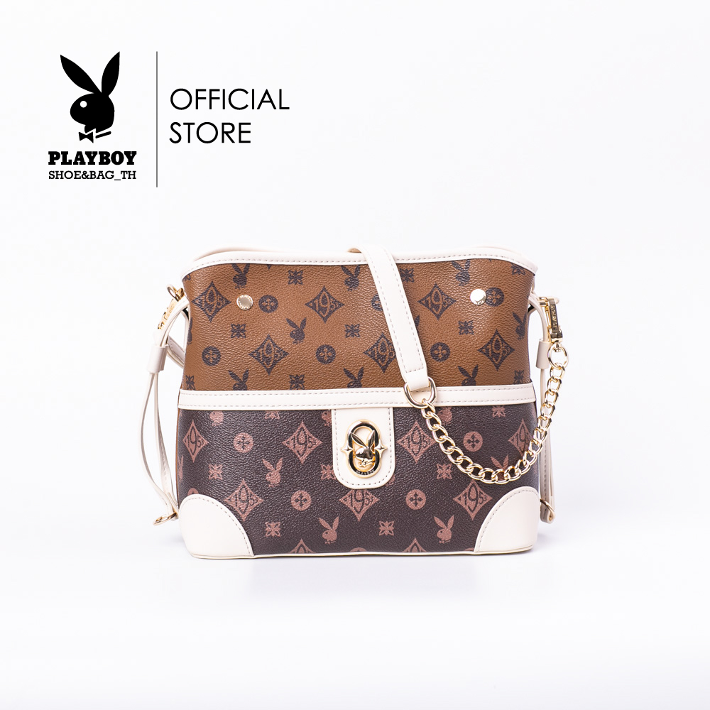 Playboy women's ST-B233PB529 shoulder bag with drawstring design two tone on tone white and brown ราคา 1,390 บาท*ส่งฟรี