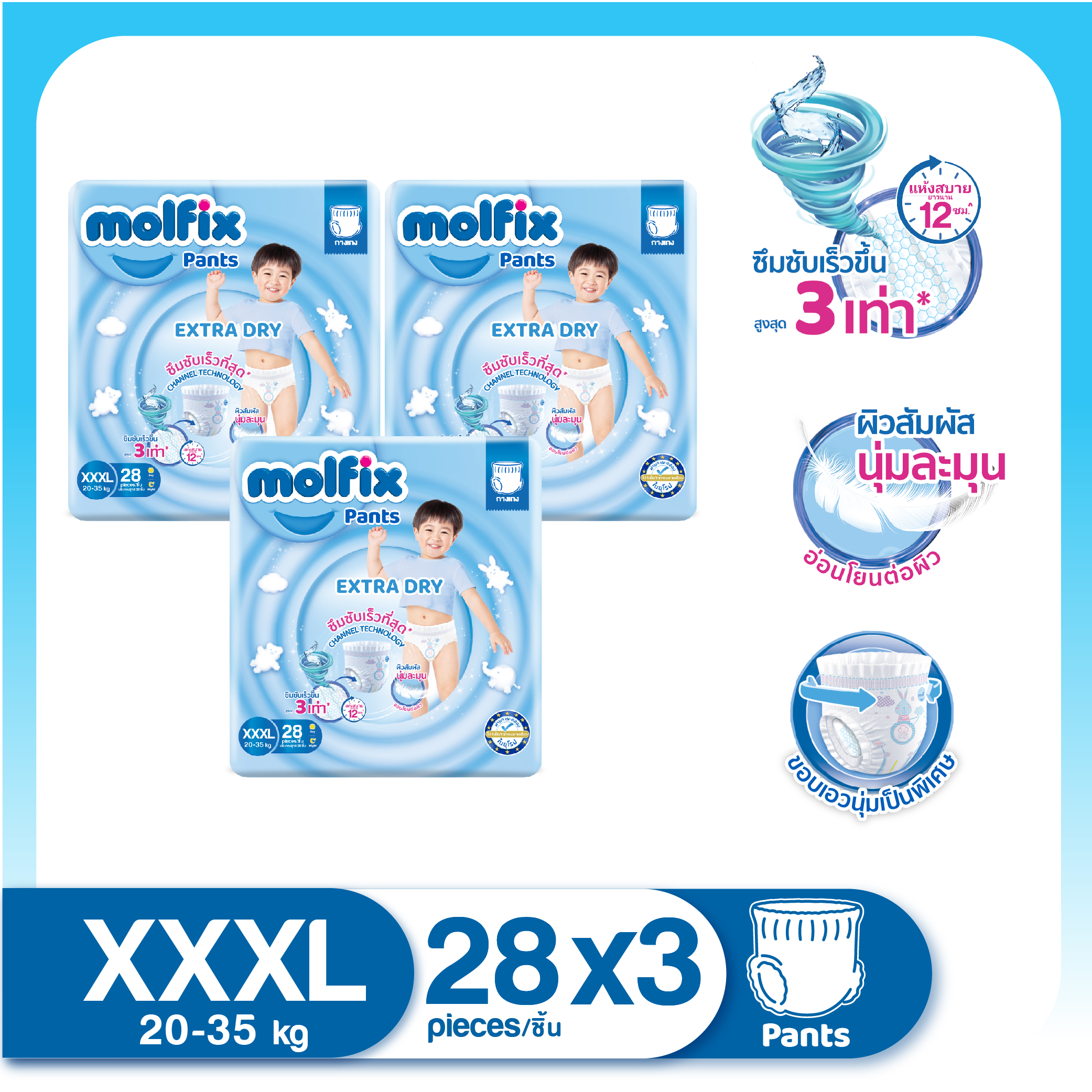 Molfix โมลฟิกซ์ เอ็กซ์ตร้า ดราย แพ้นส์ 3XL 28 ชิ้น SJ (ยกลัง) ราคา 829 บาท*ส่งฟรี
