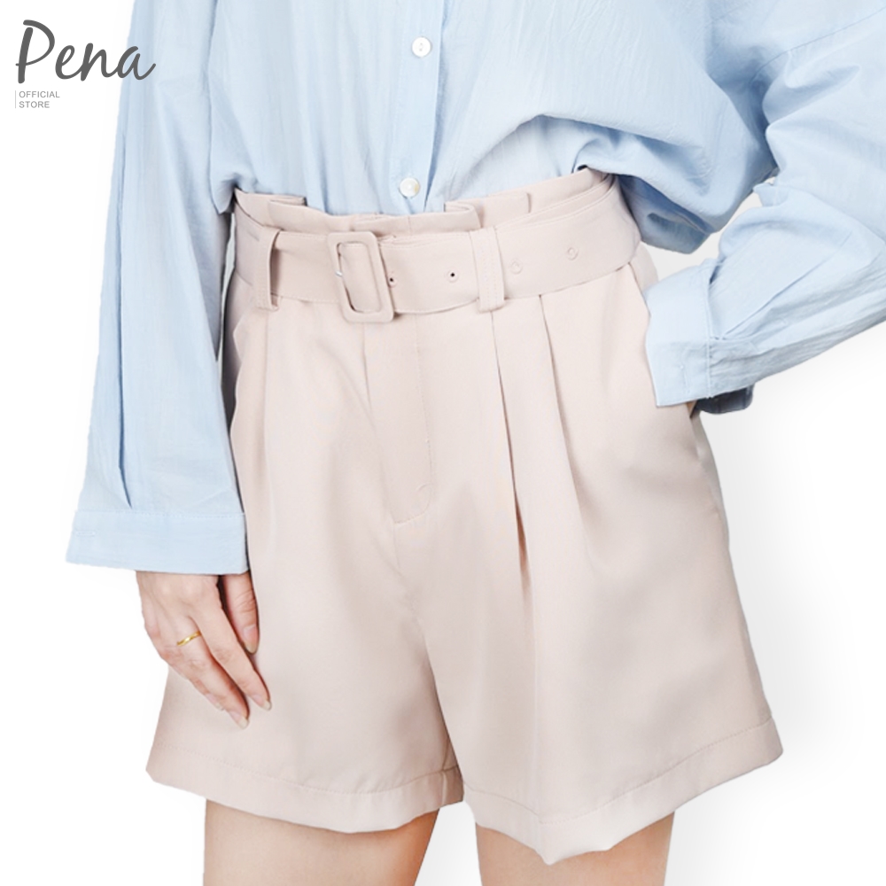 Pena house  กางเกงขาสั้นสำหรับผู้หญิง มีเข็มขัดผ้า POPS012001