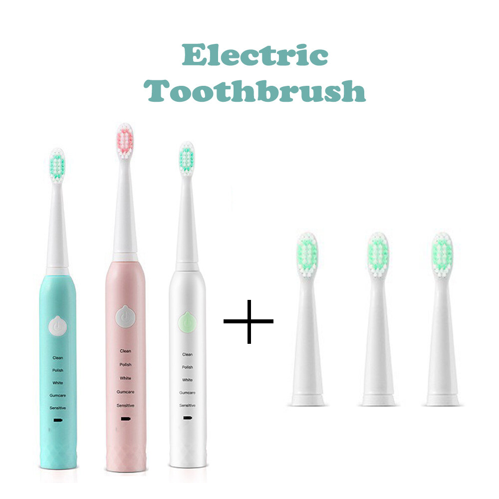  พังงา แปรงสีฟัน แปรงสีฟันไฟฟ้า ขนนุ่ม USB ชาร์จเครื่องสำหรับวัดระดับน้ำแปรงสีฟันไฟฟ้าความปลอดภัยกันน้ำสำหรับผู้ใหญ่ 3 ชิ้นเปลี่ยนหัวแปรง electric toothbrush Walmrt