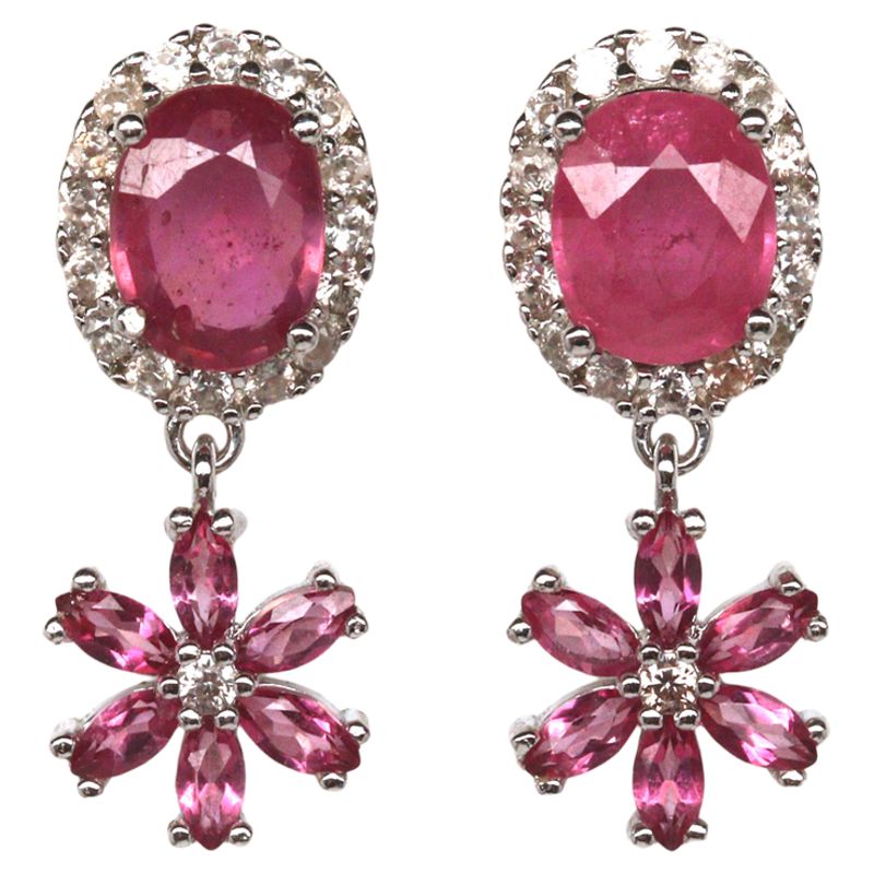 ต่างหูพลอยแท้ ทับทิม เกรดสวย 6 x 8 mm. ล้อม เพทาย และ พิ้งค์โทปาส เงินแท้ 925 ชุบทองคำขาว ราคา 2,390 บาท*ส่งฟรี