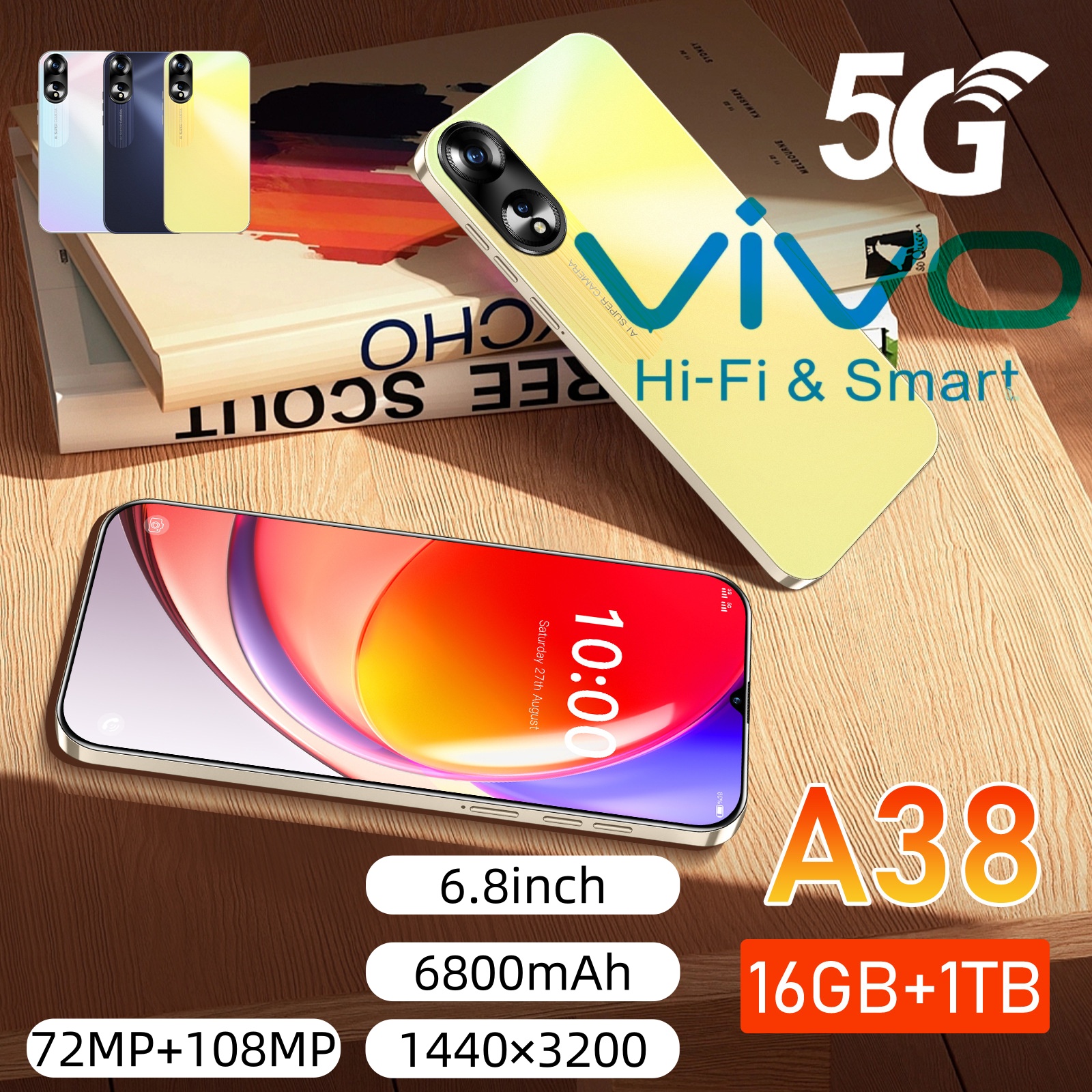 (สินค้าใหม่) สมาร์ทโฟน VlV0 A38 6.8 นิ้ว RAM 16GB+ROM 1TB, 120hz มือถือ 5G 6800mAh กล้อง HD 72MP+108MP. ส่วนลดจำกัดเวลาสำหรับช่องใส่ซิมการ์ดคู่ ของแท้ 100% (เก็บเงินปลายทาง) ราคา 699 บาท*ส่งฟรี