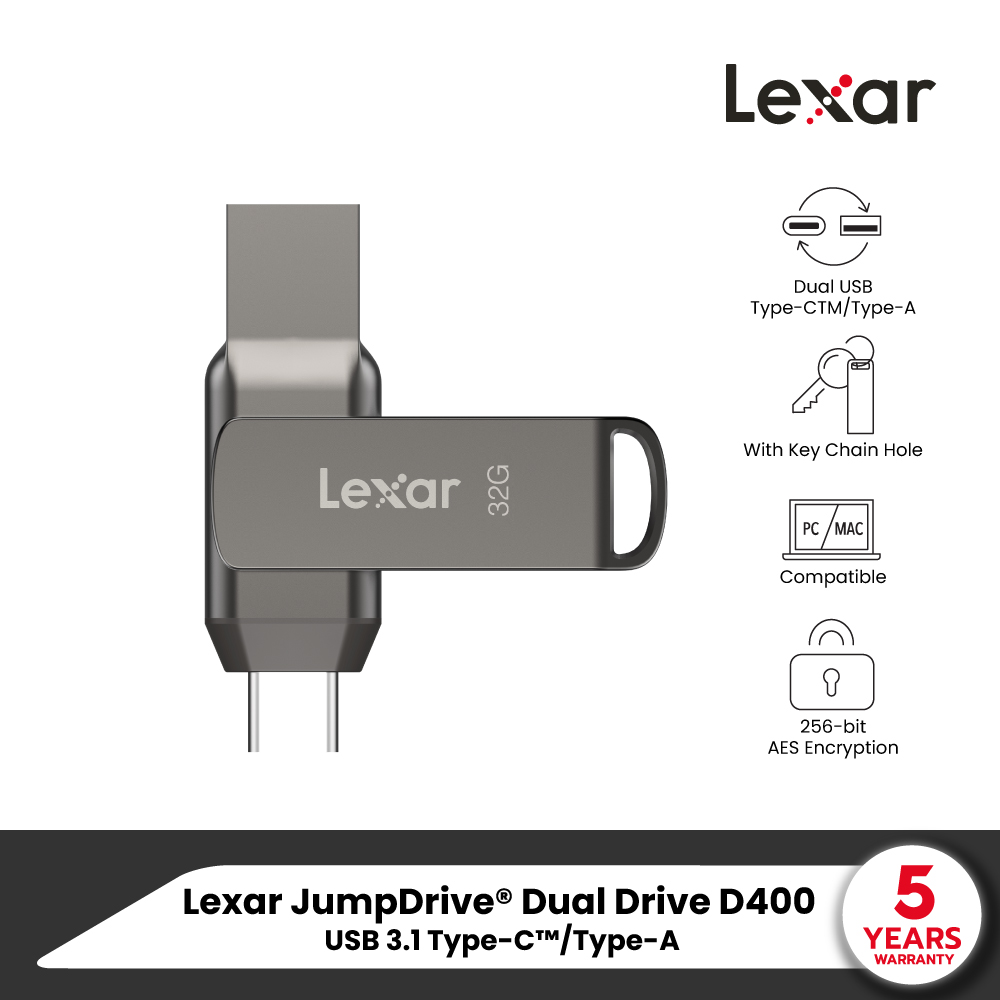 Lexar D400 Dual USB Type-C/A USB 3.1 Flash Drive 2-in-1 (แฟลชไดรฟ์ทูอินวัน) Metal, Android PC Mac ราคา 220 บาท*ส่งฟรี