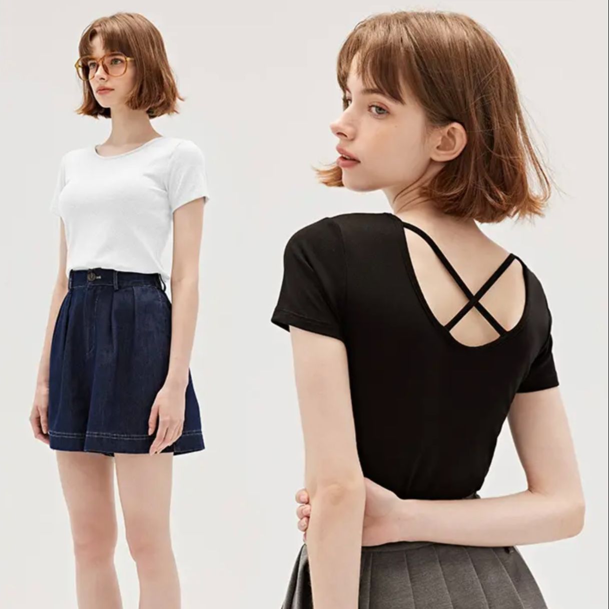 PX เสื้อครอปโชว์หลัง เสื้อผู้หญิงแขนสั้น เสื้อลำลองคอกลม ไขว้หลังเซ็กซี่เบา ๆ เสื้อลองลอง ผ้าฝ้าย กระชับพอดี สีดำ สีขาว ราคา 59 บาท*ส่งฟรี