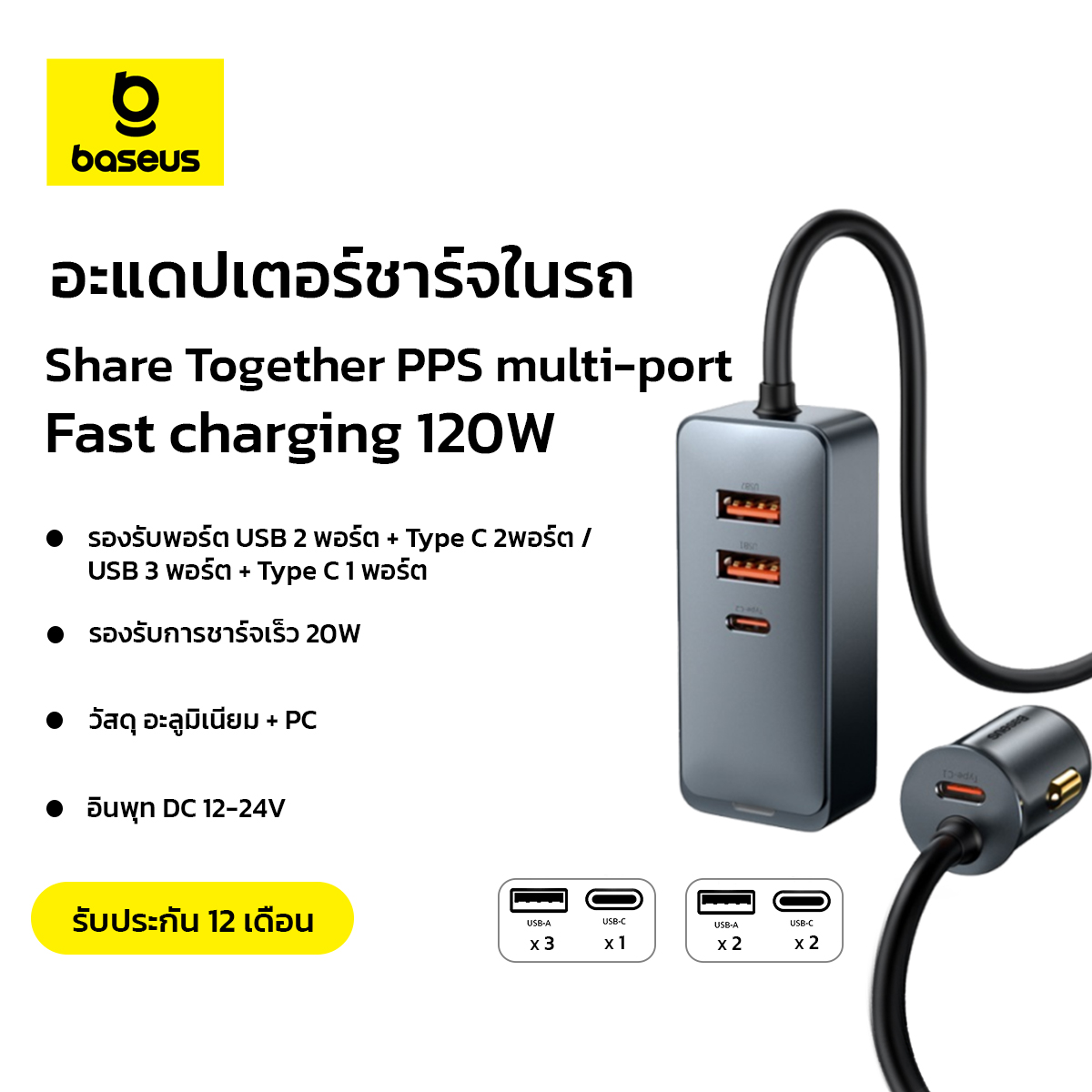 Baseus อะแดปเตอร์ชาร์จในรถ Share Together PPS multi-port Fast charging ชาร์จเร็ว พร้อมสายไฟ ยาว 1.5 เมตร 120W ราคา 749 บาท*ส่งฟรี