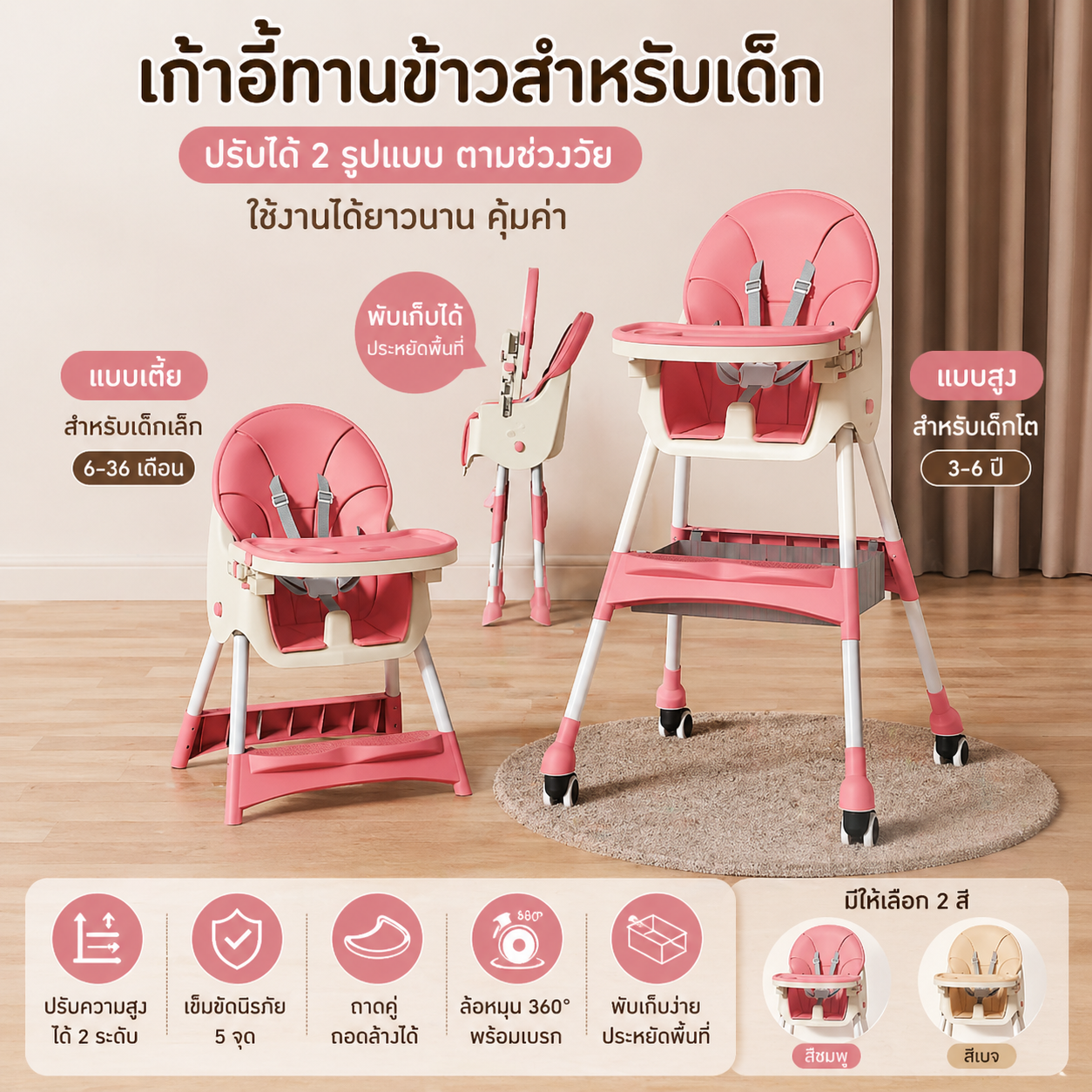 เก้าอี้ทานข้าวเด็ก 4in1 ปรับระดับได้ พับได้ เข็มขัดนิรภัย 5 จุด ถาดคู่ ถอดล้างได้ สำหรับเด็ก