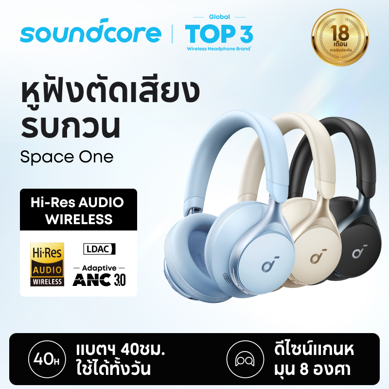 Soundcore by Anker, Space One, Bluetooth 5.3 ANC Headphones, 2X Stronger Voice Reduction, 40H ANC Playtime, App Control, LDAC Hi-Res Wireless Audio, Comfortable Fit, Clear Calls