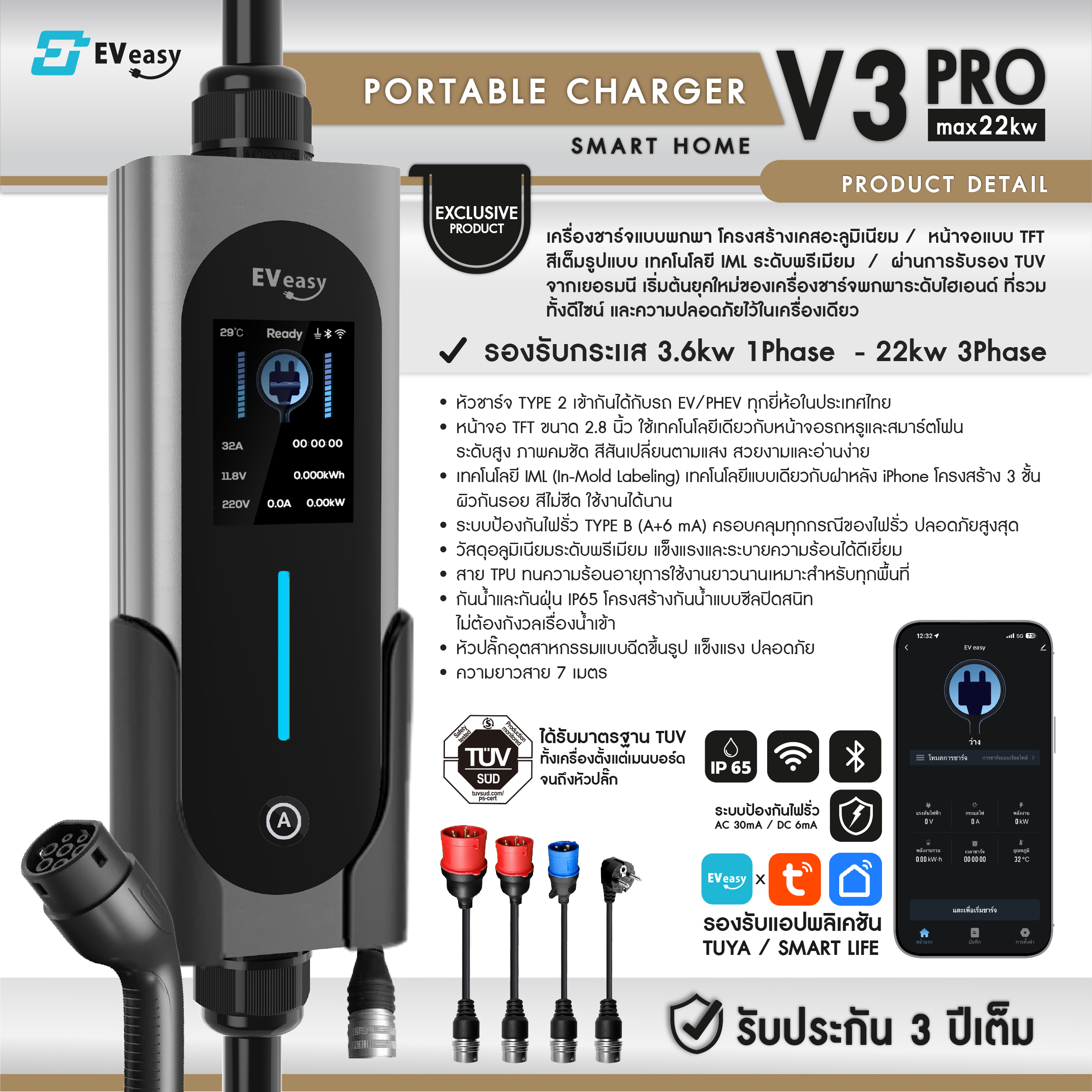 Automatically Adjust the Current According to the Plug. New Exclusive Ev Easy Portable Charger V3 Pro22 (3.6–22 Kw) Portable Electric Car Charger. ราคา 14,315 บาท*ส่งฟรี