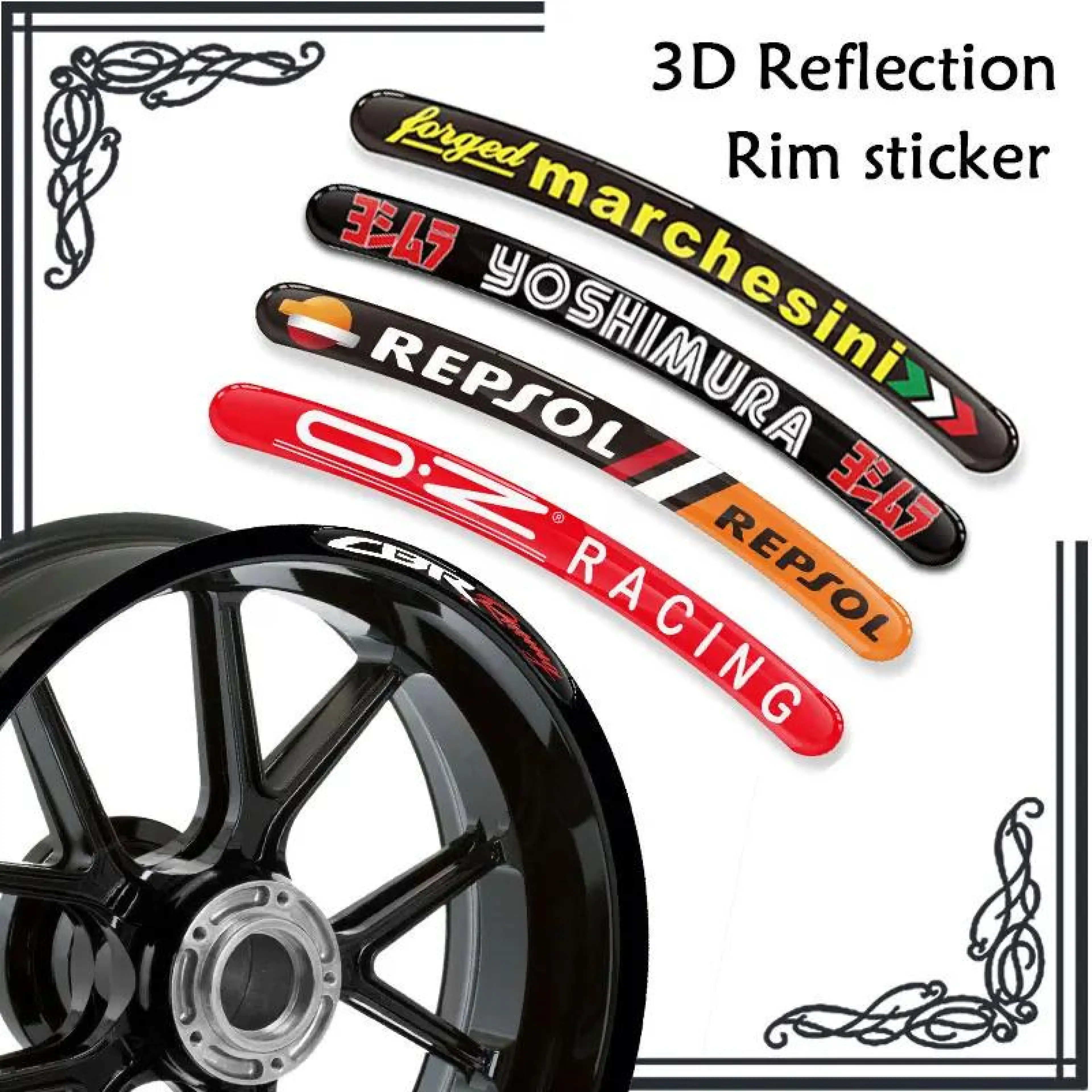 3D Gel Motorcycle Wheel Hub Sticker Reflective Rim Stripe Tape Decal Accessories Waterproof For Honda REPSOL HRC Racing Vespa Kawasaki Benelli Yamaha Aprilia Ducati Marchesini OZ Suzuki GSXR KTM Bridgestone