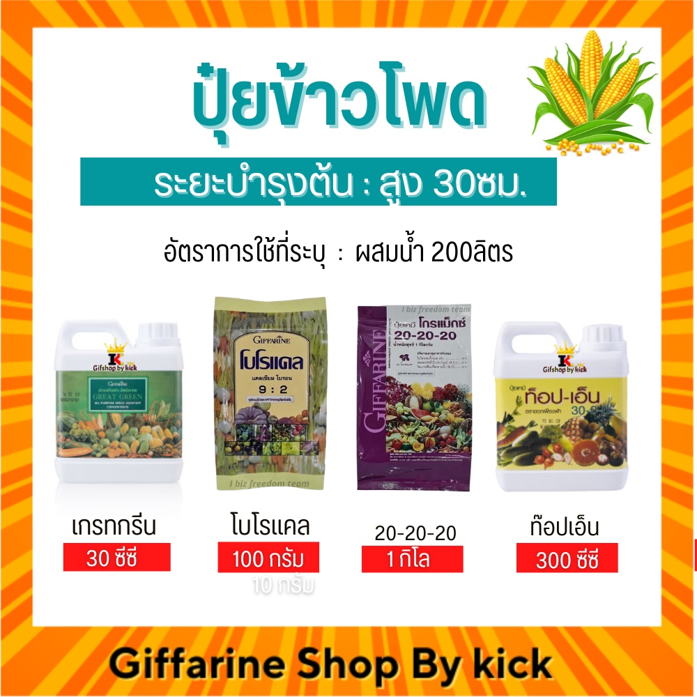 [ส่งฟรี] กิฟฟารีน ปุ๋ยข้าวโพด ปุ๋ยทางใบ ระยะบำรุงต้นสูง 30ซม. รากเยอะ ต้นแข็งแรง น้ำหนักดี Giffarine ราคา 1,830 บาท*ส่งฟรี