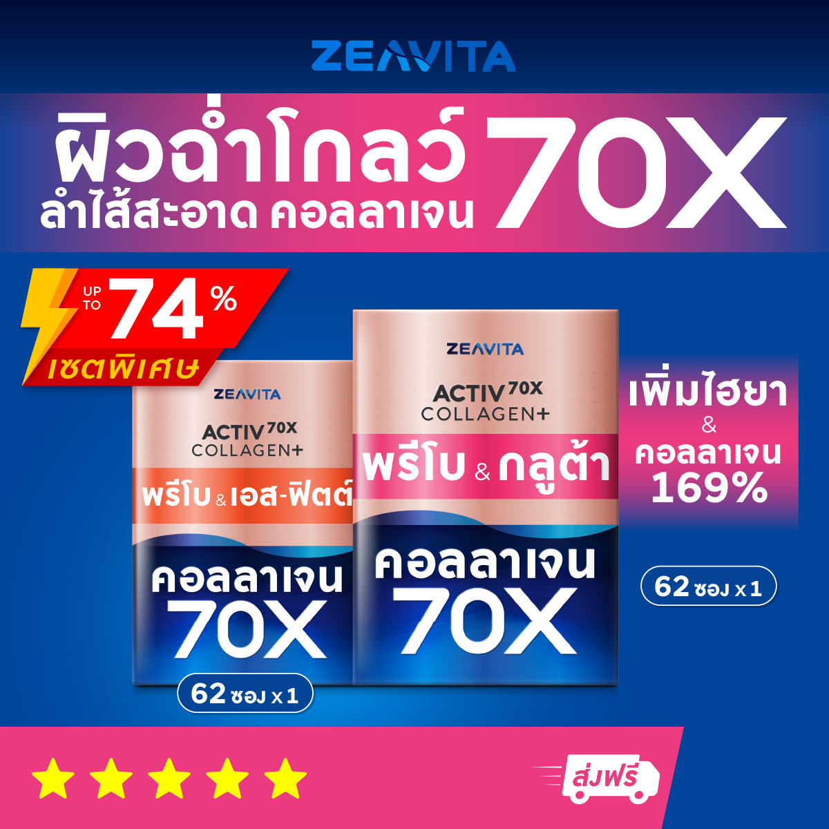 ซีวิต้า คอลลาเจน 70X พลัส พรีโบร&เอส-ฟิตต์ (62ซองx1กล่อง) คอลลาเจน 70X พรีไบโอติกส์&กลูต้า ลำไส้สู่ผิวใส10in1(62ซองx1กล่อง)