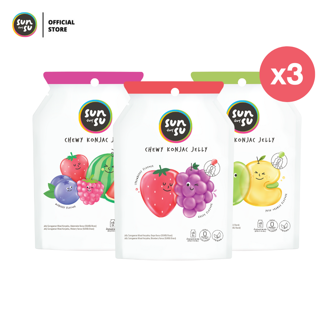 (แพ็ค 3 รวมรส) Sunsu Mixed Set ซันซุ ขนมเยลลี่ รวมรส 3 ซอง รสสตรอว์เบอร์รี่องุ่น รสแอปเปิ้ลและส้ม รสมิกซ์เบอร์รี่และแตงโม ของขวัญ ราคา 75 บาท*ส่งฟรี