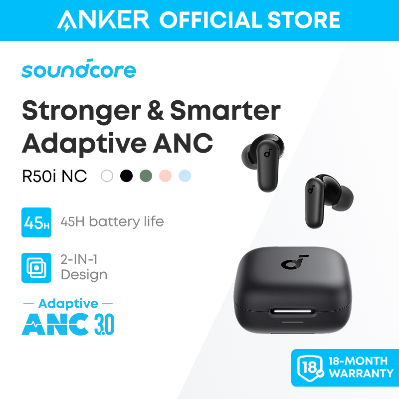 【TWS+ Stand】Soundcore by Anker R50i NC Earbuds Adaptive ANC Bluetooth 5.4 TWS 42dB Low Latency Headphone 45H Play Time Headsets 10mm Drivers Earphone for iPhone 15 pro max Android Phone Laptop ราคา 750 บาท*ส่งฟรี
