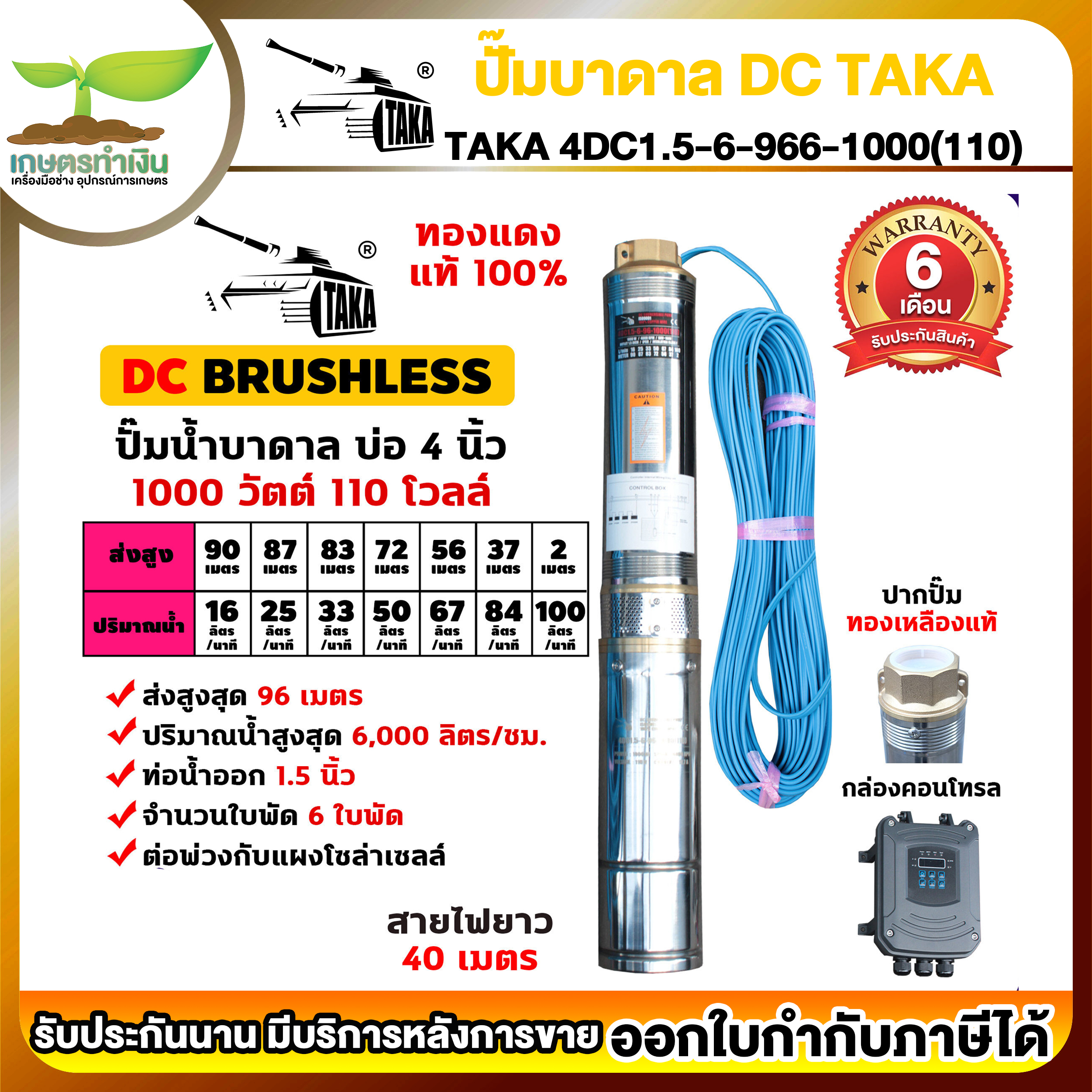 TAKA 4DC1.5-6-96/6-1000(110) ปั๊มน้ำบาดาล DC [กล่องควบคุม] 1000 วัตต์ บ่อ 4 นิ้ว ท่อ 1.5 นิ้ว 110V ซัมเมอร์ส1000วัตต์ ปั๊มบาดาล ซัมเมอร์ส ซับเมอร์ส ปั๊มซัมเมอร์ ราคา 8,989 บาท*ส่งฟรี
