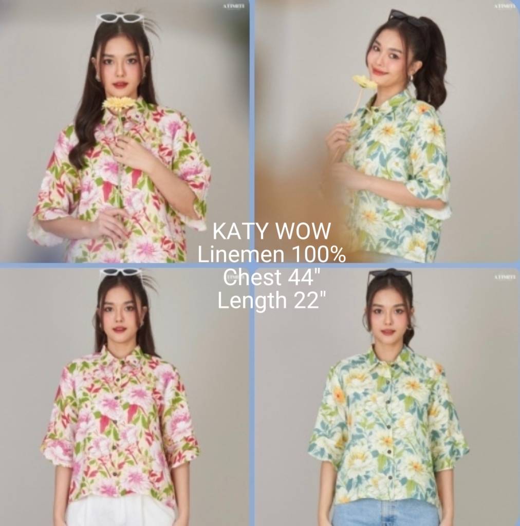 At Huv, Chest Size 44', Length 22', Shirt, 3/4 Sleeves, Decorated with Ruffles on the Sleeve Hem, 100% Pure Linen, Natural Fibers, Printed Pattern, Brand Atimiti, Premium Shirts in Department Stores, Shirts for Chubby Girls, Collared Shirts, Shirt Collars ราคา 781 บาท*ส่งฟรี