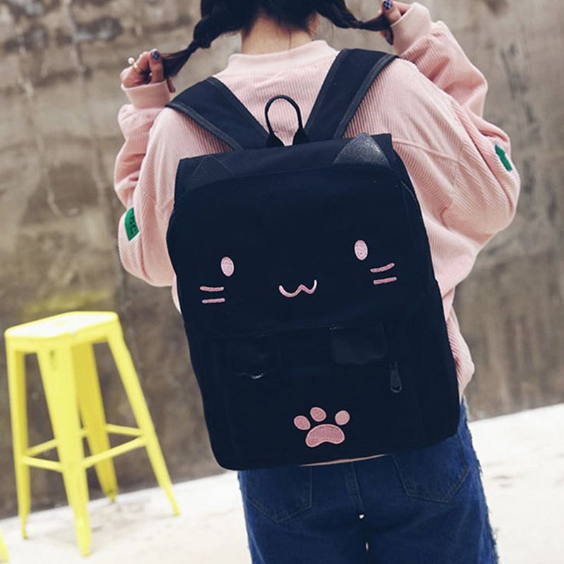 Cute Cat Canvas Backpack Cartoon Embroidery Backpacks For Teenage Girls  School Bag Fashio Black Printing Rucksack Mochilas Xa69h - School Bags -  AliExpress