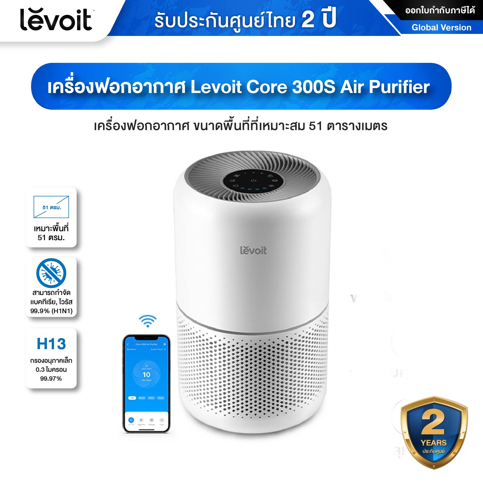 Levoit Core 300S Air Purifier PM2.5 เครื่องฟอกอากาศ ขนาดพื้นที่ที่เหมาะสม 51 ตารางเมตร รับประกัน 2 ปี ราคา 5,069 บาท*ส่งฟรี