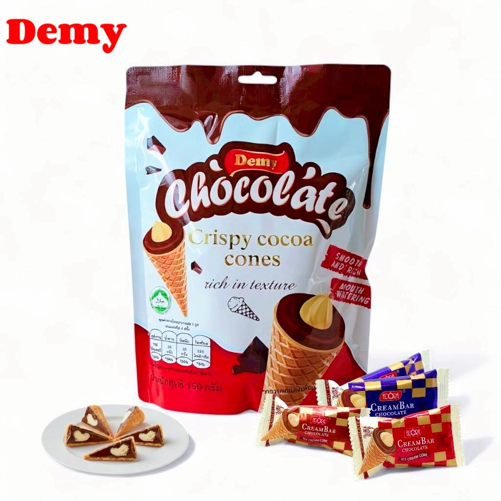 Demi Cocoa Cone Crisps Stuffed with Delicious Chocolate Cocoa Cone Filling (1 Pack Has 14-15 Pieces) X 150 Grams. There Is a Promotion: Buy 2 Get 1 Free and 1 Pack of Trial Size to Try. ราคา 49 บาท*ส่งฟรี
