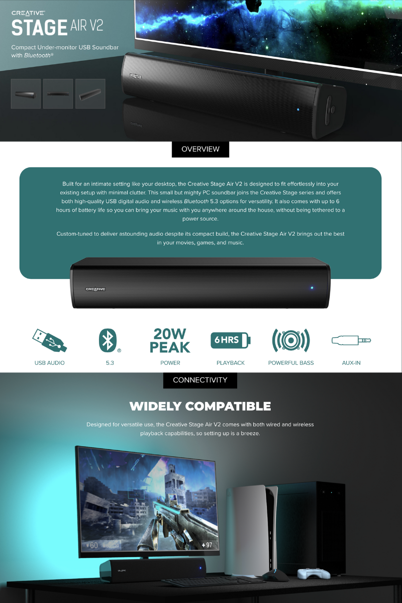 CREATIVE STAGE AIR with Compact Under-monitor Inspired V2 by melodygadget ลำโพงซาวด์บาร์ Soundbar : 5.3 USB บลูทูธ Bluetooth 