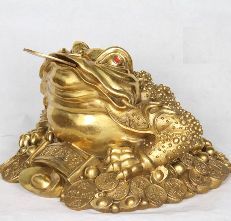 กบคาบเหรียญ ทองแดง คางคกมงคล กบ3ขา เซี่ยมซู้ lucky pure copper Feng shui fortune toad 14x13cm