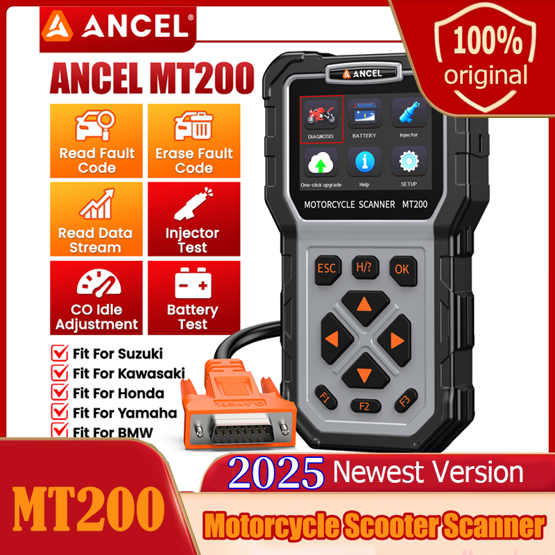 ANCEL MT200 OBD2 เครื่องสแกนรถจักรยานยนต์เครื่องมือวินิจฉัยระบบเต็มรูปแบบ เครื่องทดสอบหัวฉีดแบตเตอรี่ OBD2 สำหรับฮอนด้า Yamaha BMW Suzuki Honda PK JF700 ราคา 6,700 บาท*ส่งฟรี