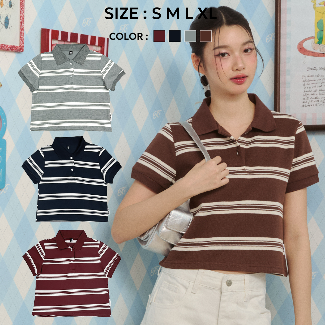 Bemingtop899(S-XL)-RETRO STRIPE POLO เสื้อโปโลแขนสั้นลายทาง ดีไซน์วินเทจแต่มีความเท่แบบโมเดิร์น ราคา 391 บาท*ส่งฟรี