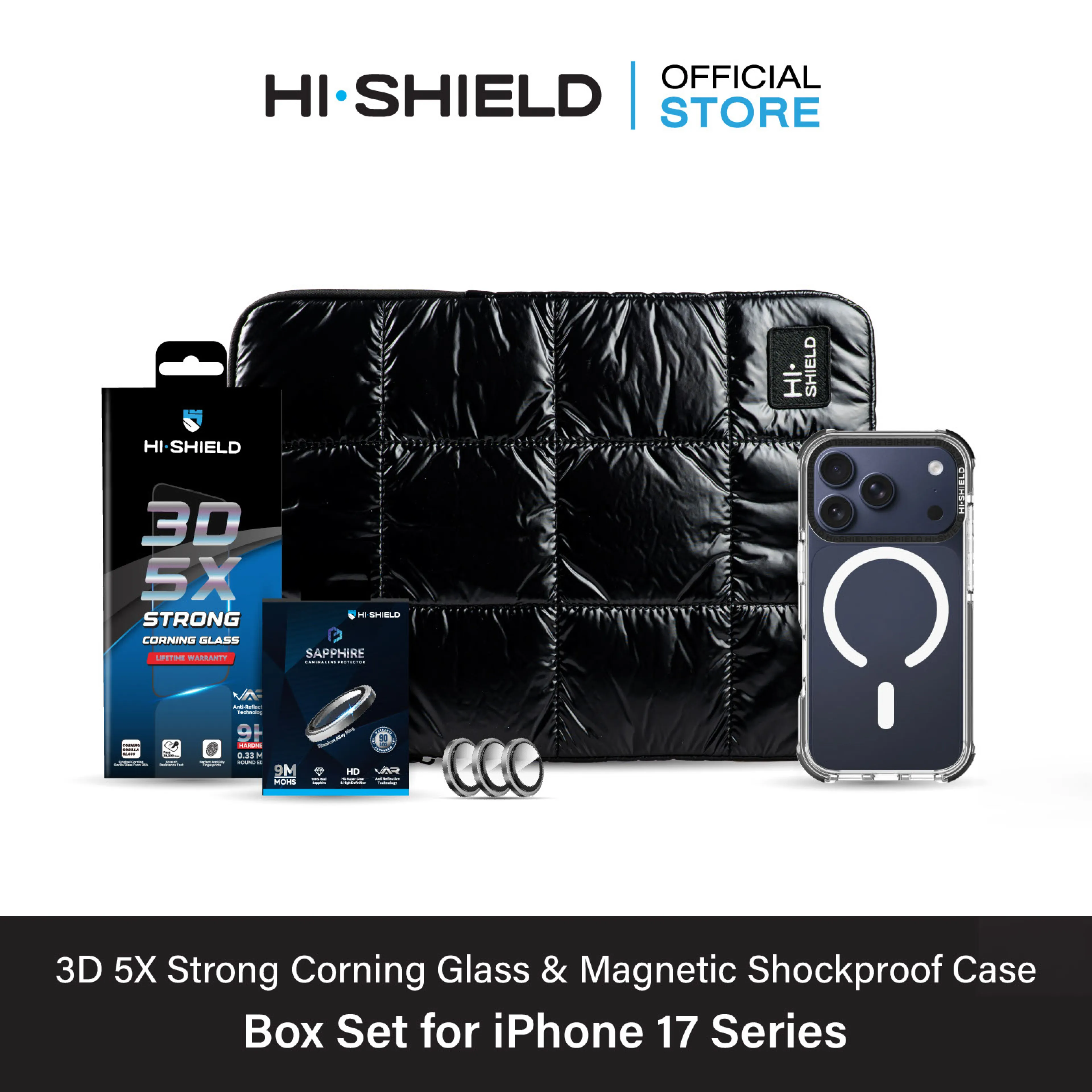 [Iphone17] Hi-Shield 3D 5X Strong Corning Glass Box Set [Bs1] - Glass Film, Camera Film, Shockproof Case 3 M. [Installation Kit Included]