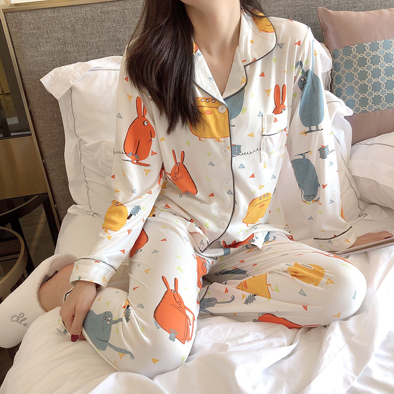 Boqi Factory ชุดนอนผู้หญิง ผ้าคอตตอนแขนขายาว ชุดนอนคอตตอน ผ้าคอตตอน ชุดนอนสไตล์เกาหลี Sleep
