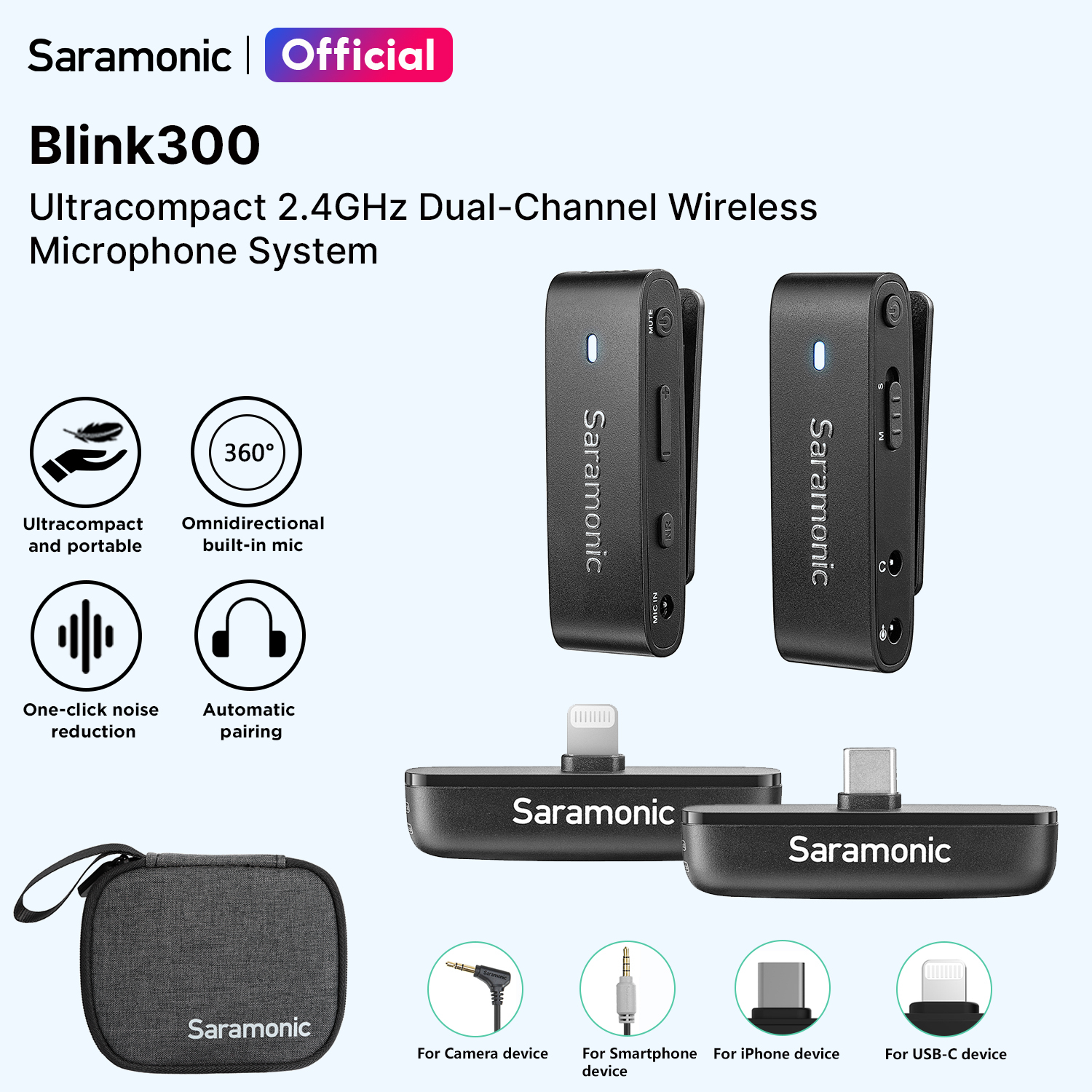 Saramonic Blink300 Dual-channel Wireless Microphone Noise Cancellation Lavalier Lapel Mic for Vlogging Live Streaming Broadcast iPhone Android DSLR Camera DJI OSMO ACTION 2 and 3 4 YouTube TikTok ราคา 4,200 บาท*ส่งฟรี