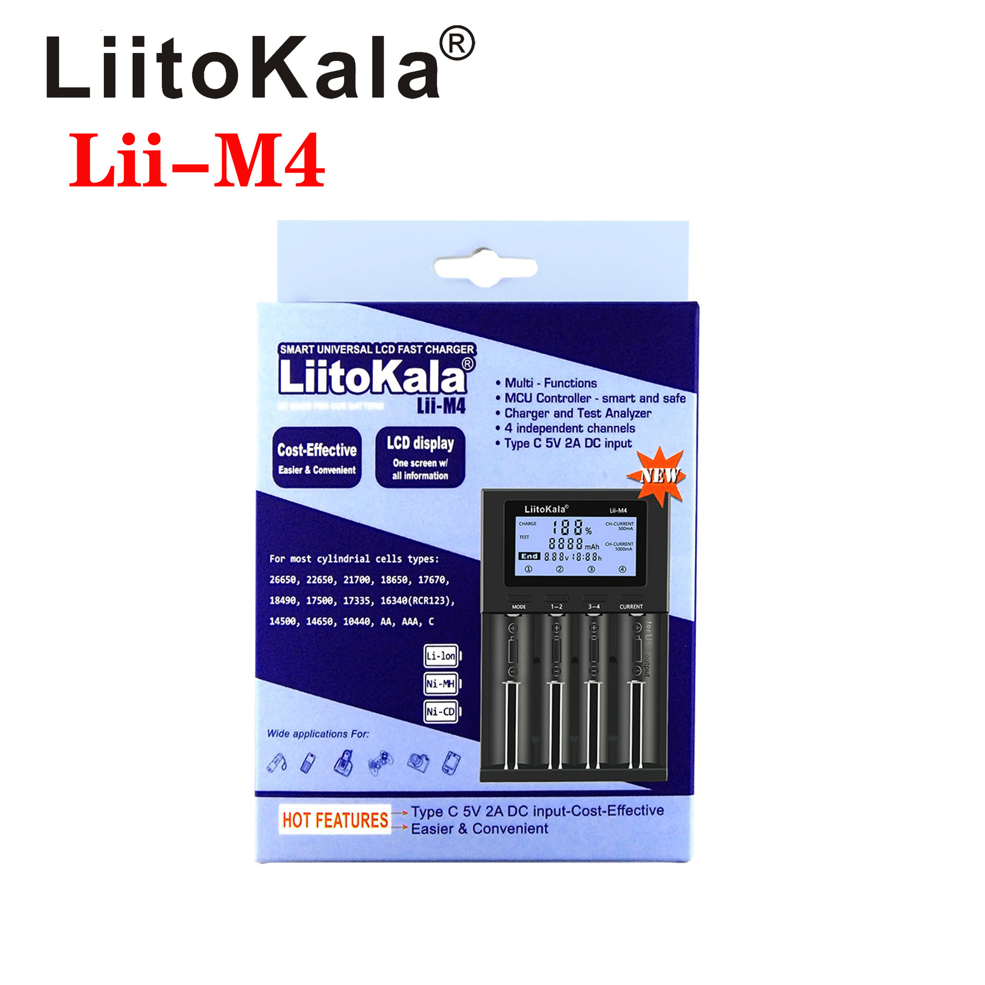 มุมมองเพิ่มเติมของสินค้า เครื่องชาร์จถ่าน LiitoKala Lii-M4มีสายพาวเวอร์พร้อม ชาร์จได้ 4 ก้อน รองรับ 26650，21700，20700, 18650, 18490, 18350 AA AAA - Battery Charger（ของแท้100%)