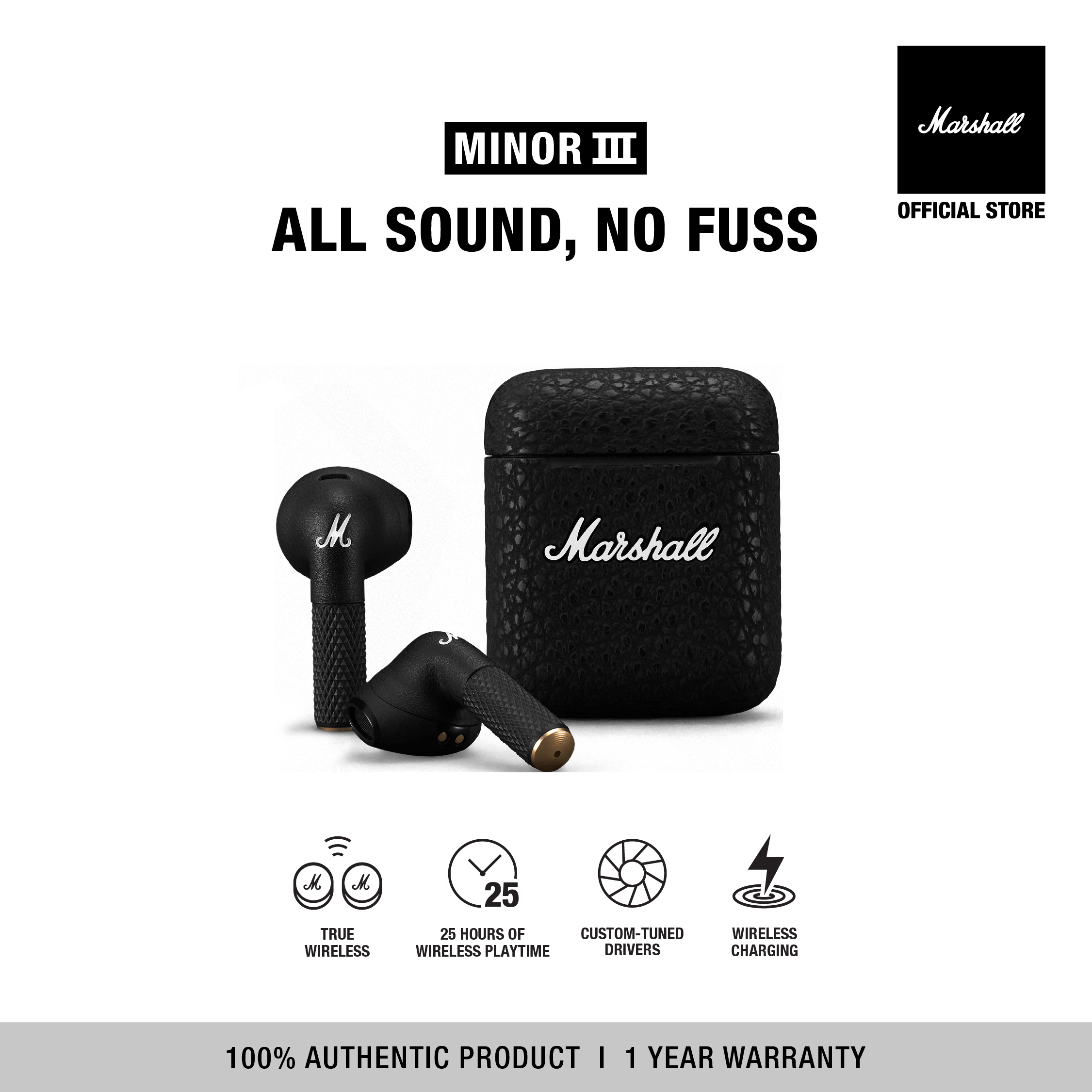 [Pre-order ship out 25 JUl 23]MARSHALL MINOR III BLACK - รับประกัน 1 ปี + ส่งฟรีทั่วไทย (หูฟังบลูทูธ, หูฟังไร้สาย, หูฟัง true wireless, หูฟัง marshall, หูฟังเบสหนัก)