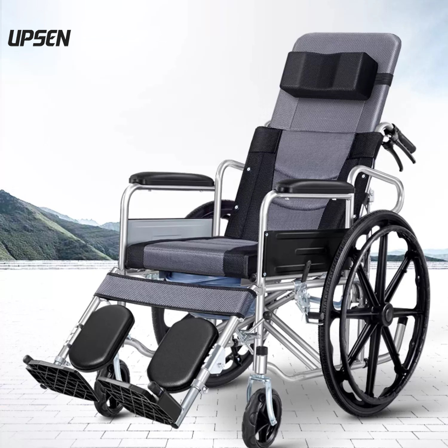 UPSEN รถเข็นผู้ป่วย วิลแชร์ พับเก็บได้ เก้าอี้รถเข็น วีลแชร์ รถเข็น ปรับนอนได้ 6 ระดับ รถเข็นพับได้ Wheelchair มีที่รองปัสสาวะ ราคา 1,699 บาท*ส่งฟรี