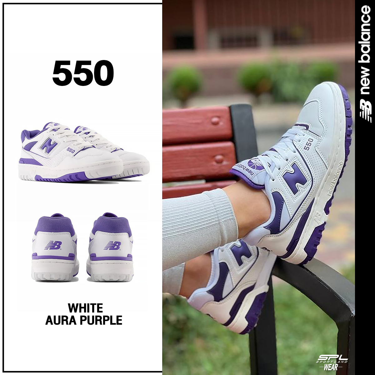 รองเท้าผ้าใบผู้หญิง รองเท้าสนีกเกอร์เสริมส้นน้ำหนักเบา New Balance นิวบาลานซ์ รองเท้าผ้าใบ รองเท้าแฟชั่น W 550 WHITE/AURA PURPLE BBW550WB (4490)