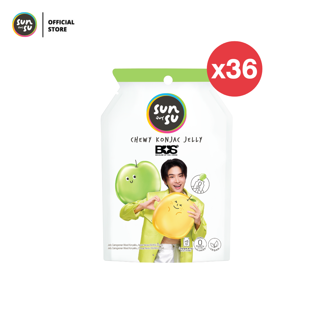 (แพ็ค 36) Sunsu ซันซุ เยลลี่ผสมบุก กลิ่นแอปเปิ้ลและส้ม ราคา 900 บาท*ส่งฟรี
