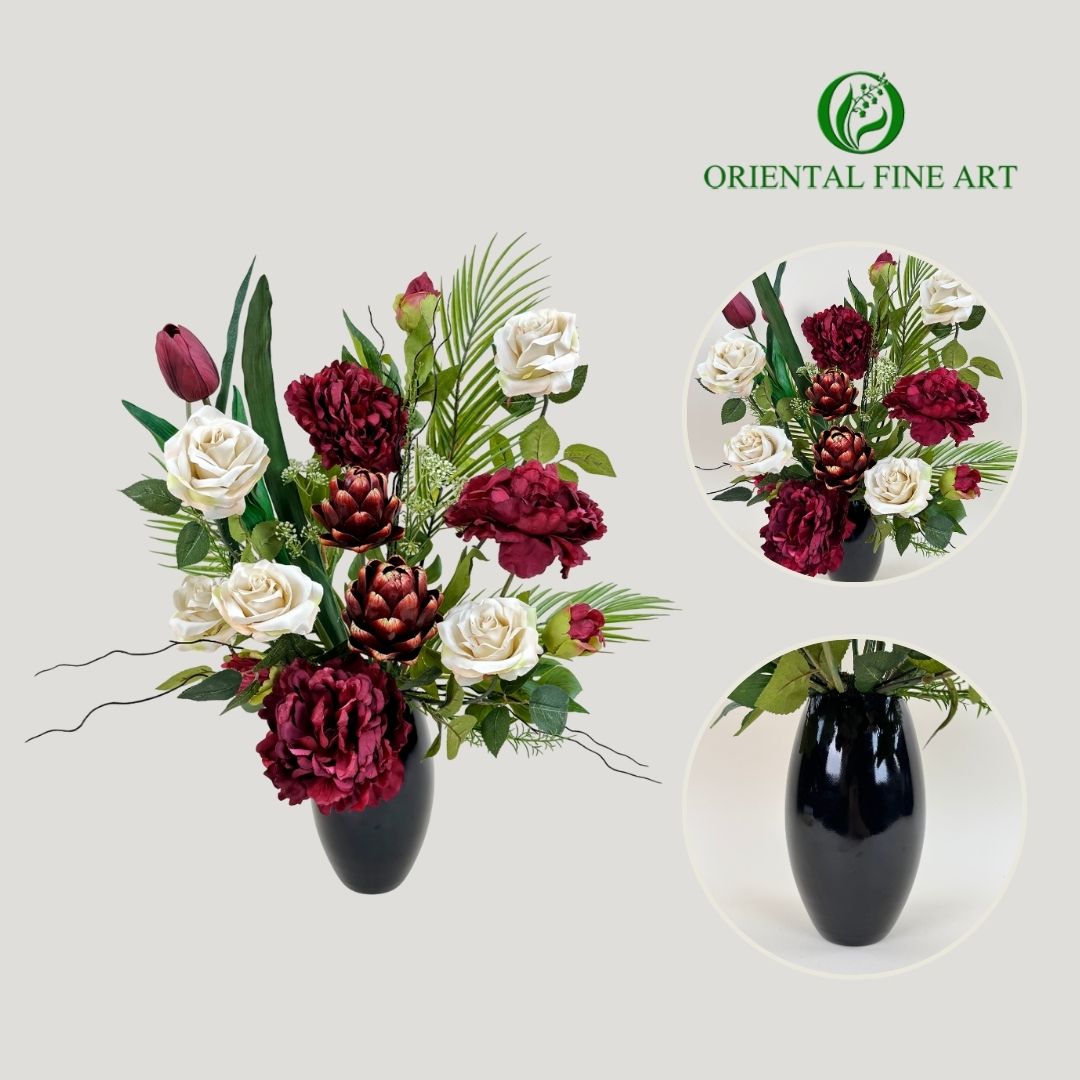 Artificial Flowers with a Ready-Made Glass Vase, Large Size, Red Tone, Premium Grade Decorative Flowers. ราคา 4,750 บาท*ส่งฟรี