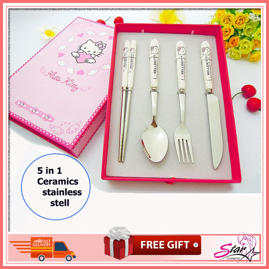 Portable Kitty Tableware Set Stainless Steel Spoon Fork Chopstick Cutlery Set Travel ช้อน ส้อม พร้อมกล่องลายการ์ตูน
