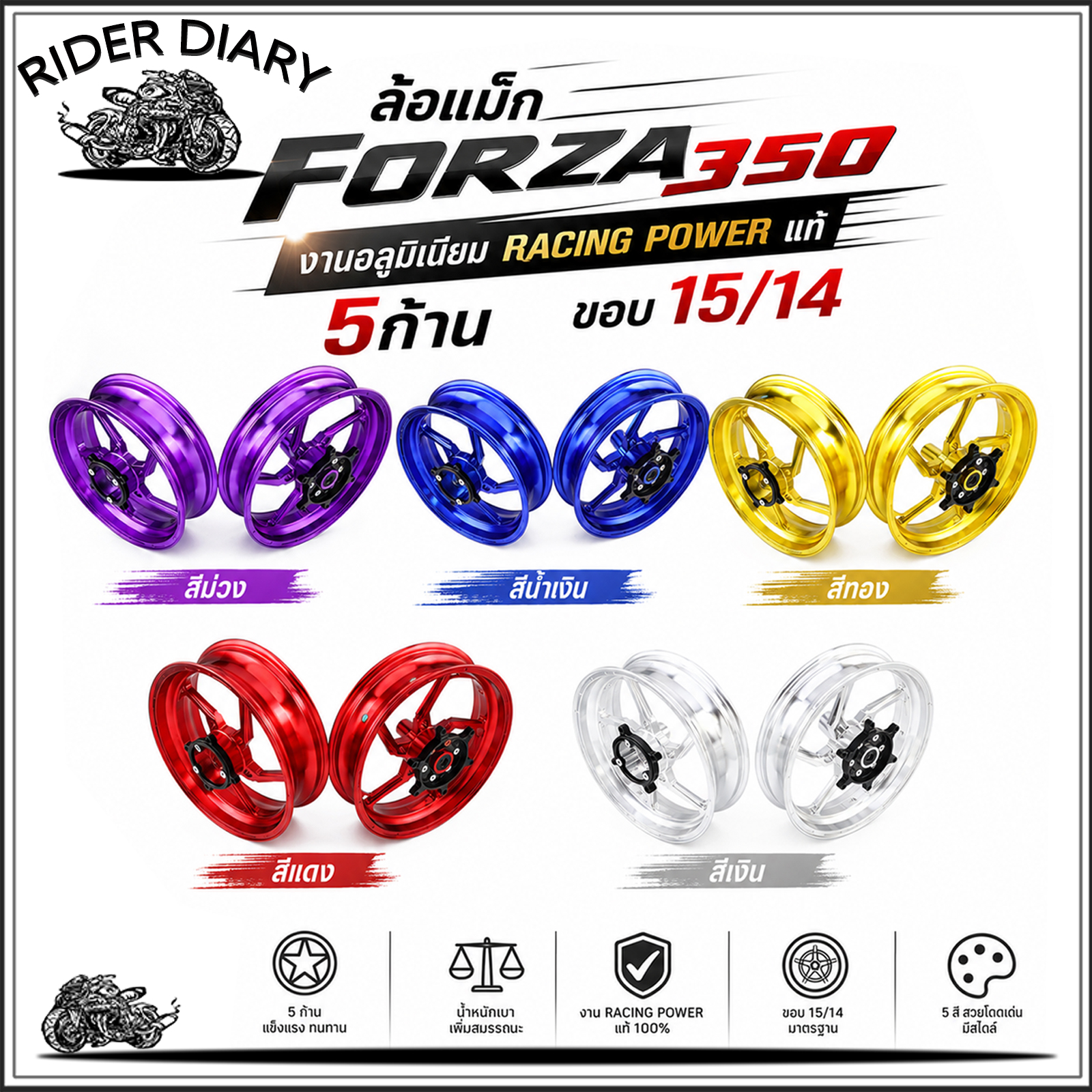 Forza350 Alloy Wheels, Genuine Racing Power Aluminum Work, Price Per Pair, 5 Spokes, Rim Size 15/14, Can Choose Color, Exactly as Pictured, Beautiful, Ready to Ship in Thailand. ราคา 9,870 บาท*ส่งฟรี