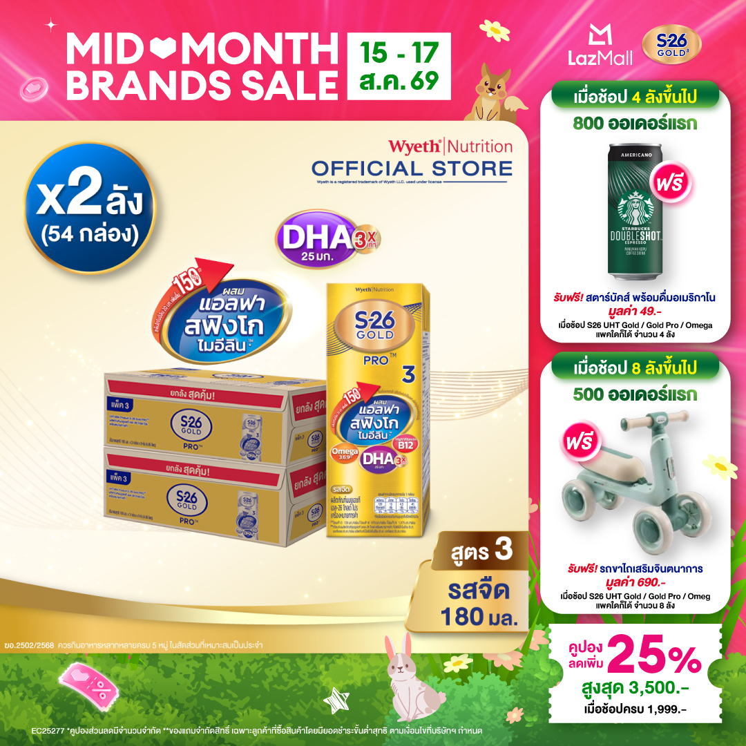 [ยกลัง x2][27 กล่อง/ลัง] นมกล่อง เอส-26 ยูเอชที โกลด์โปร สูตร 3 S-26 Gold Pro UHT Milk Formula 3 [x2 cartons][27 boxes/carton][54 boxes]