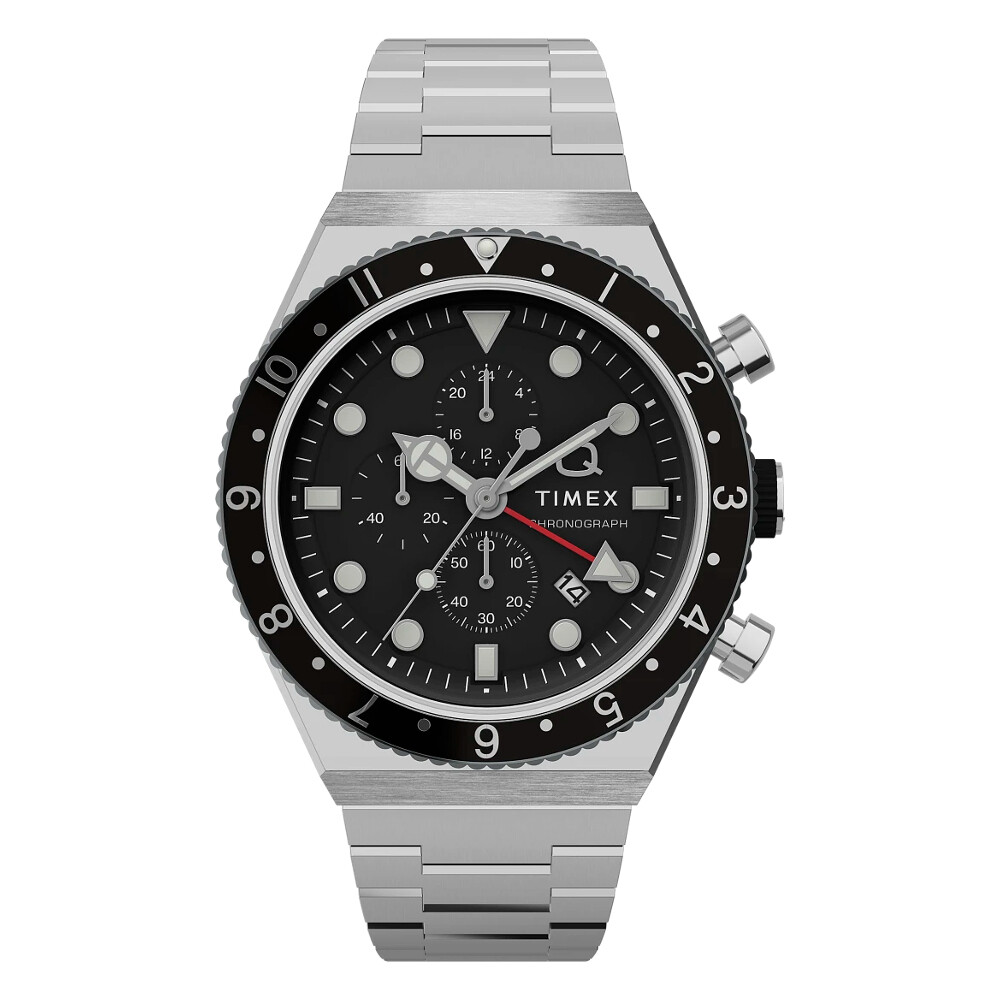TIMEX TW2V69800 Q Timex Three Time Zone Chronograph นาฬิกาข้อมือผู้ชาย สีเงิน-ดำ หน้าปัด 40 มม. ราคา 9,685 บาท*ส่งฟรี