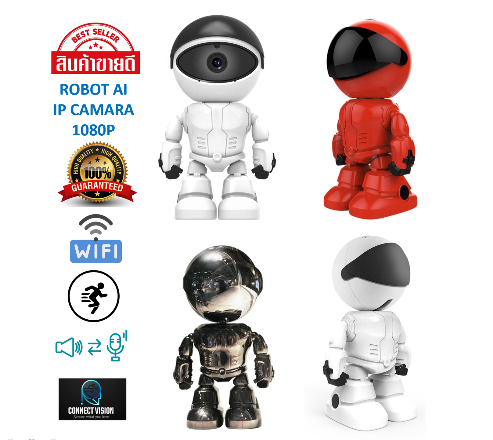 หุ่นยนต์ AI กล้องวงจรปิด WiFi 1080P การติดตามอัตโนมัติ เสียง PTZ มีระบบอินฟราเรดการมองเห็นตอนกลางคืนได้ ราคา 575 บาท*ส่งฟรี