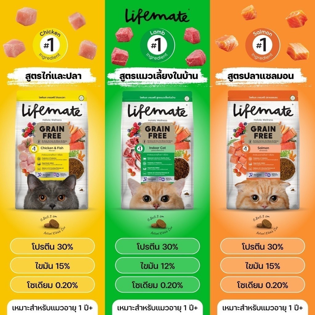 (1.2kg) Lifemate【อาหารแมว】Grain Free อาหารแมว เกรนฟรี ไม่เค็ม สูตร ไก่ และปลา / ปลาแซลมอน / เลี้ยงในบ้าน Indoor / ลดคัน ราคา 129 บาท*ส่งฟรี