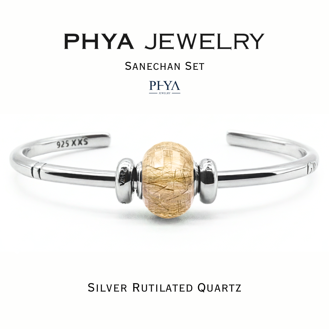 Phya Sanechan Bangle Set - Silver Rutilated Quartz: Genuine Silver Bracelet Set with Charming Silver Silk Stone. ราคา 10,050 บาท*ส่งฟรี