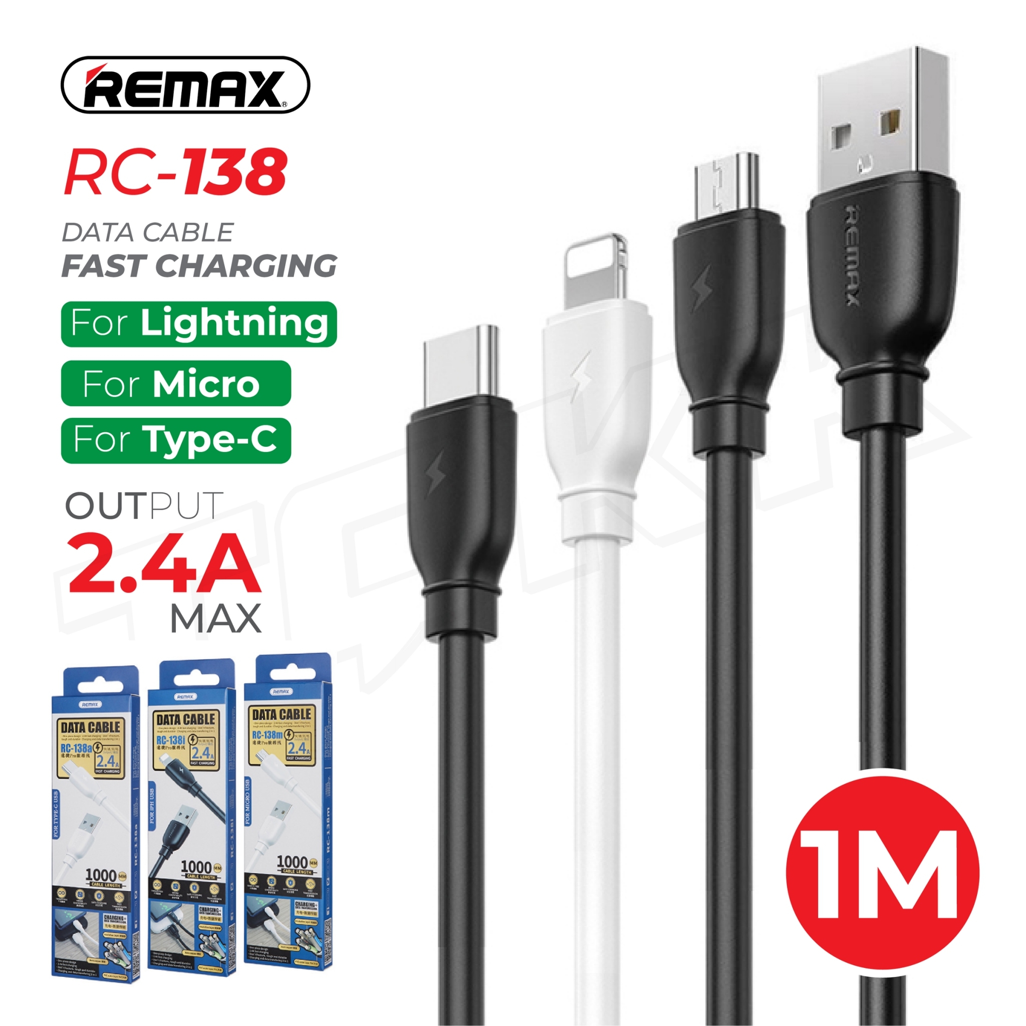 Remax RC-138 สายชาร์จ คุณภาพดี ราคาประหยัด ชาร์จเร็ว Micro/Type-C/ Lightning Fast Charging Data Cable 2.4A ของแท้100% BIG SALESALE