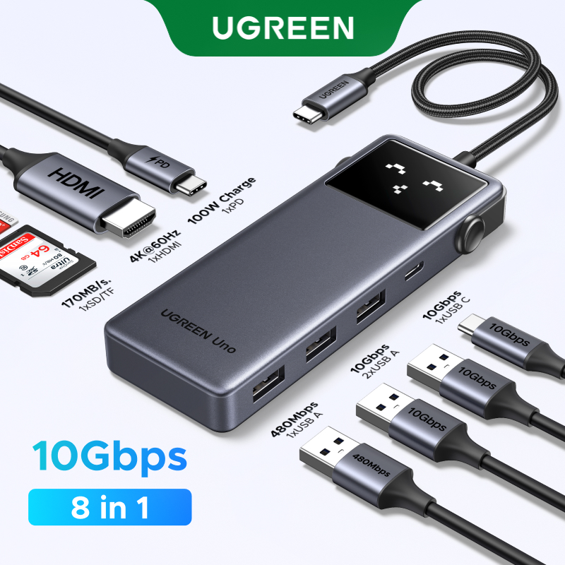 【4K 60Hz】Ugreen Uno 8-in-1 10Gbps Pd 100W USB C Multiport Adapter Hub HDMI Adapter for MacBook Air M4 M3 Maxthinkpad T14 Model: 35998