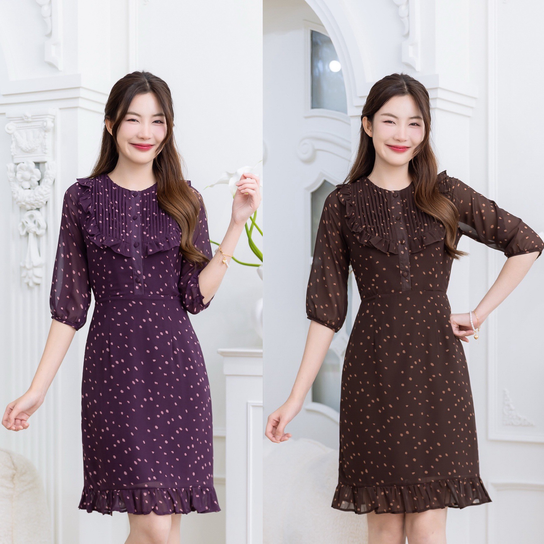 Price S m L 570฿ ✅ XL XXL 590฿ ✅ Chiffon Dress with Snow Polka Dots, Dark Color Tone, with Scalloped Details and Ruffles Around the Chest. It Has a Front Button Detail That Can Actually Be Used. the Three-Quarter Sleeves Have a Small Ruffle at the He ราคา 650 บาท*ส่งฟรี