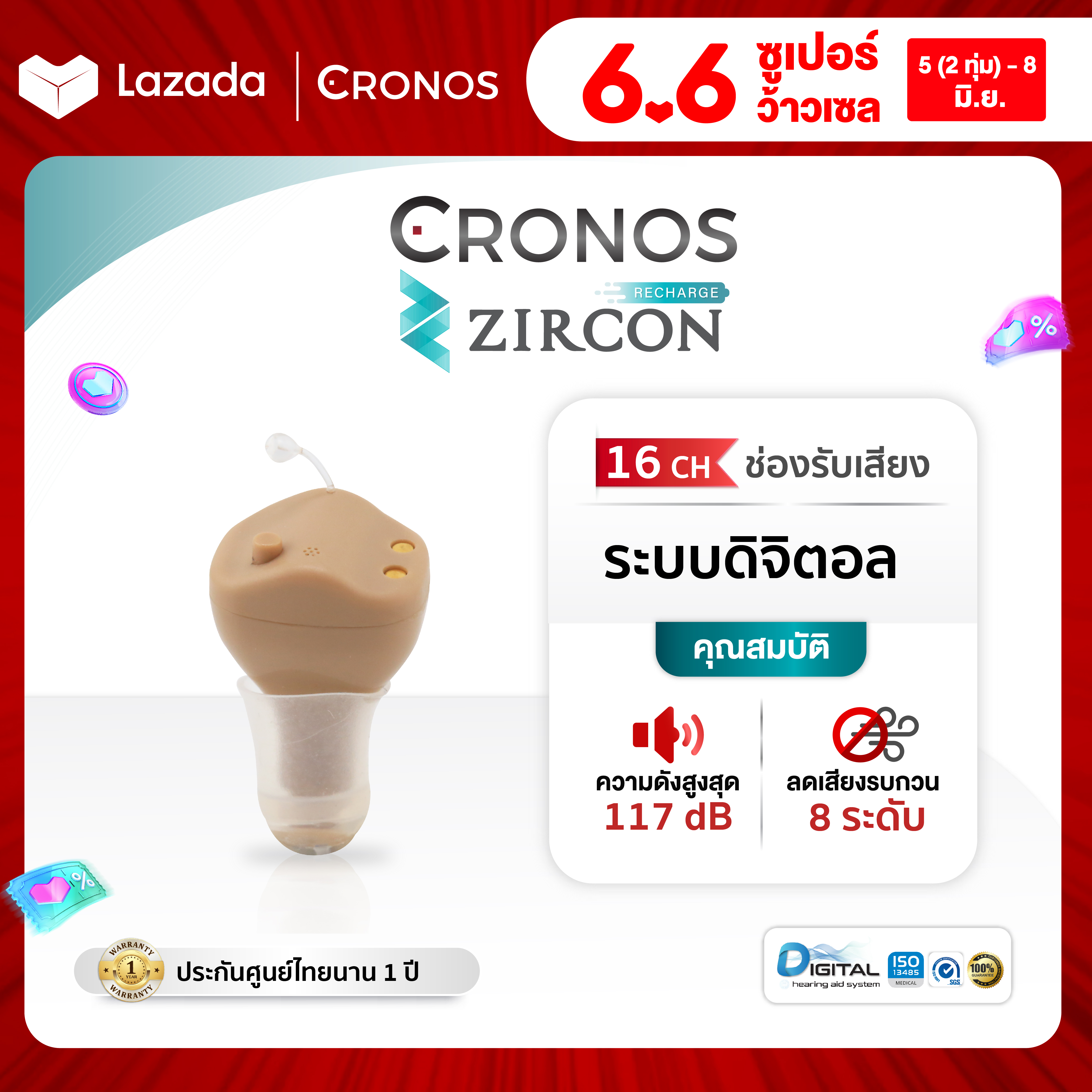 CRONOS รุ่น ZIRCON RECHARGE เครื่องช่วยฟังดิจิตอล ลดเสียงรบกวนขั้นสูง ชาร์จไฟได้ ราคา 19,104 บาท*ส่งฟรี