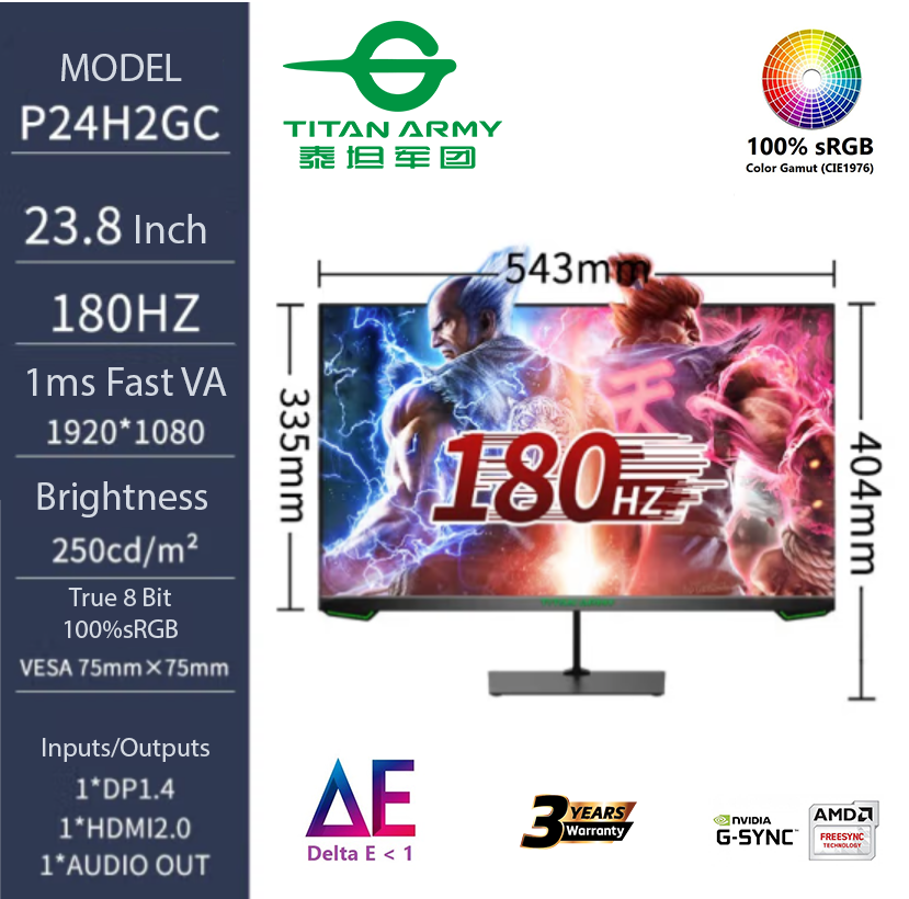 Titan Army 24" 1920X1080 144Hz/180Hz Gaming Monitor(P24H2GC) Adaptive Sync, 1ms MPRT, Flat Fast VA Panel, Ultra High CR 4400:1 Super Deep Blacks, color gamut:100%sRGB, DCI-P3 = 88%, AdobeRGB = 88% ราคา 4,890 บาท*ส่งฟรี