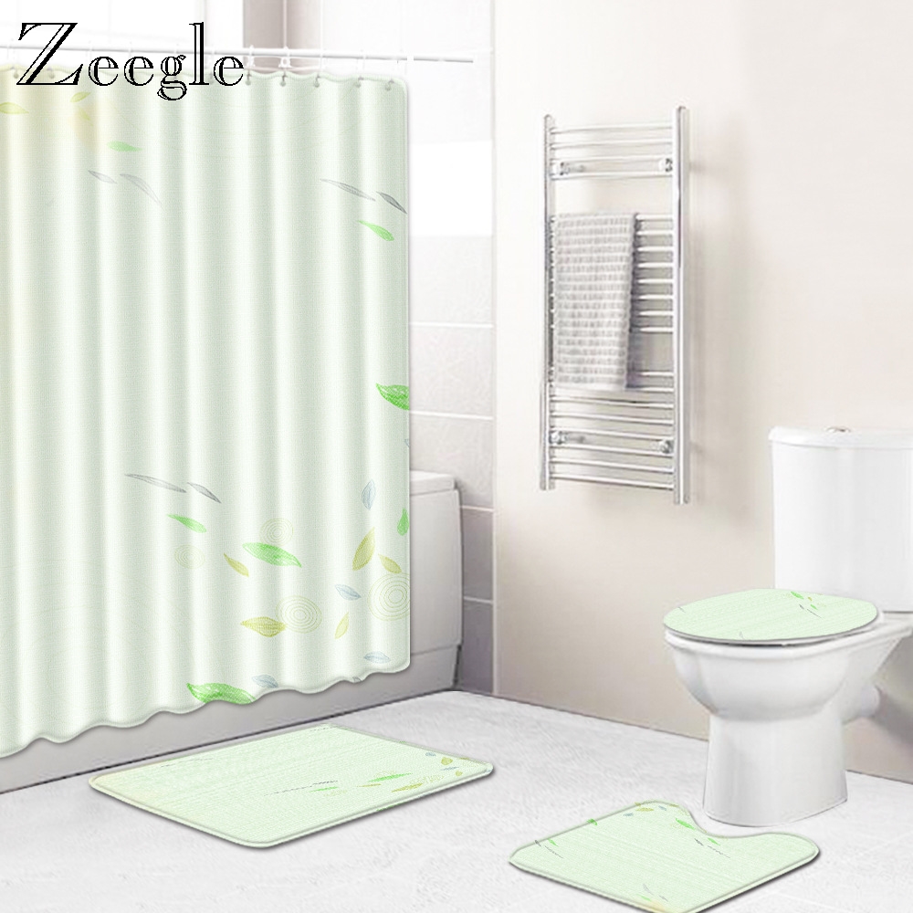 Zeegle 4pcs Bath Mat Set Flannel Toilet Doormat Washable Bathroom Foot Rug Toilet Shower Curtain Lid Toilet Cover Anti-slip Mat